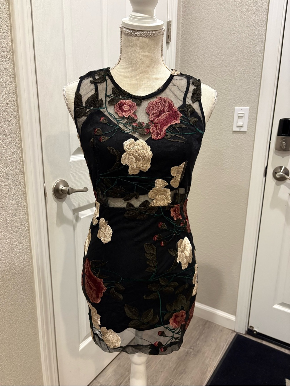 Lovely Day Black Mini Dress with Cream & Rose Embroidered Flowers